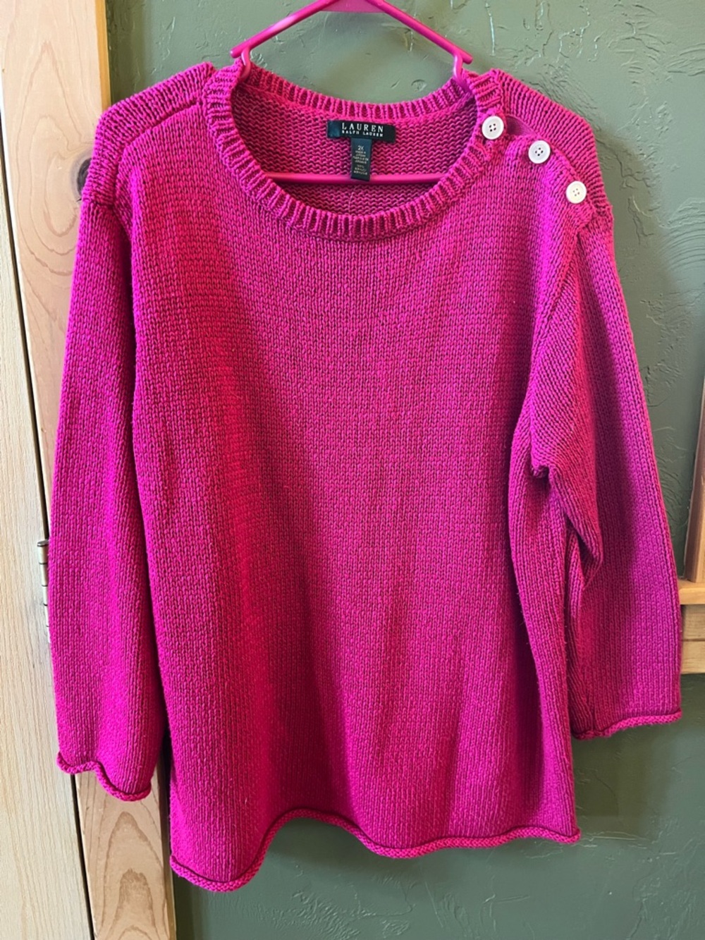 Ralph Lauren Bright Fuchsia Button-Shoulder Crewneck Sweater